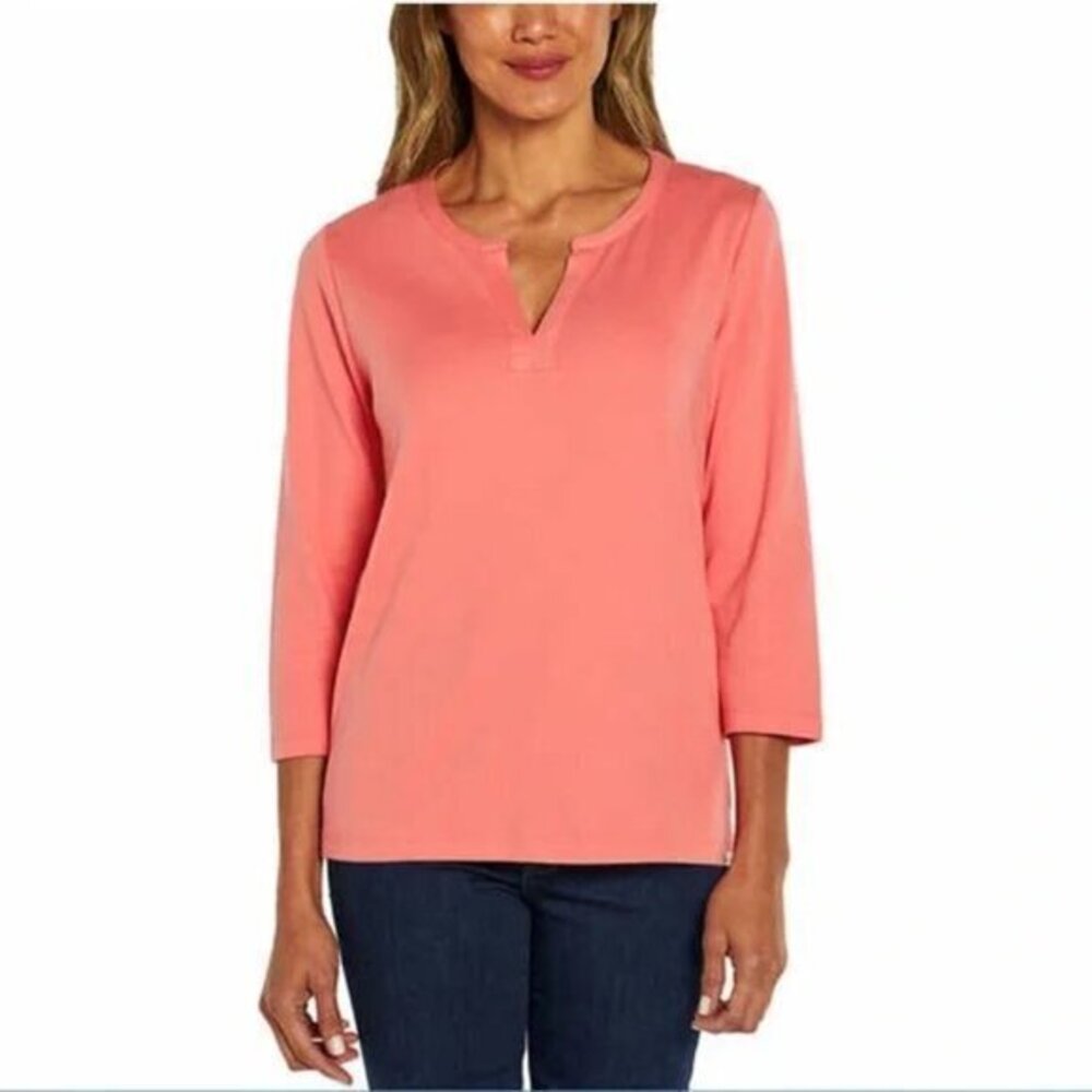 "NWT"ORVIS Ladies Pima Cotton ¾ Sleeve Split‎ Neck Top, Medium, Pink (Tea Rose)